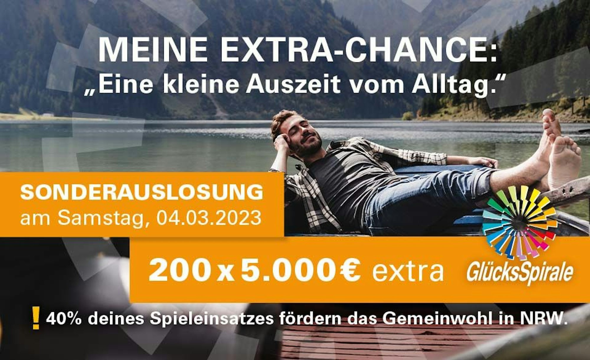 Infobild zur Glücksspirale von WestLotto. Mann relaxt im Boot auf dem See.