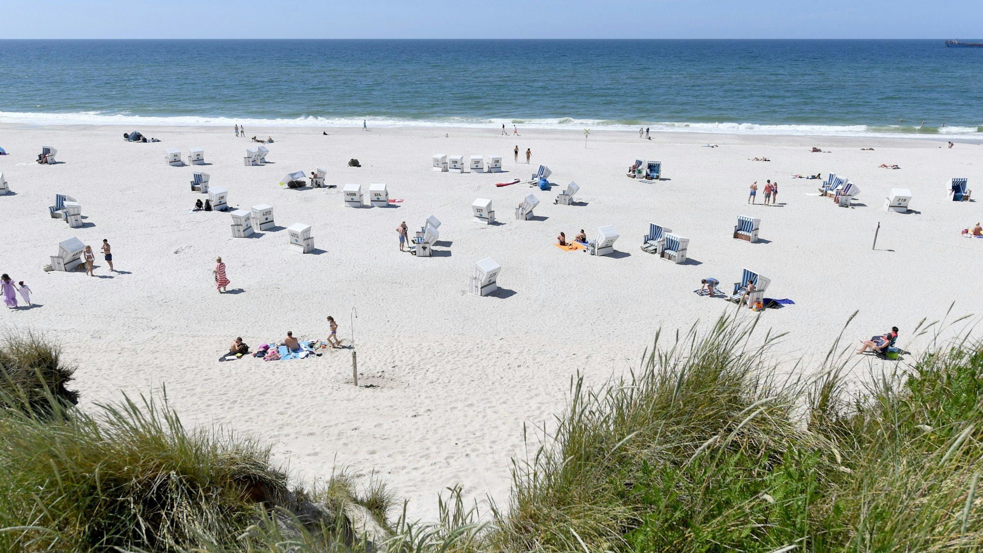 Strandkörbe stehen am Strand von Kampen auf Sylt.