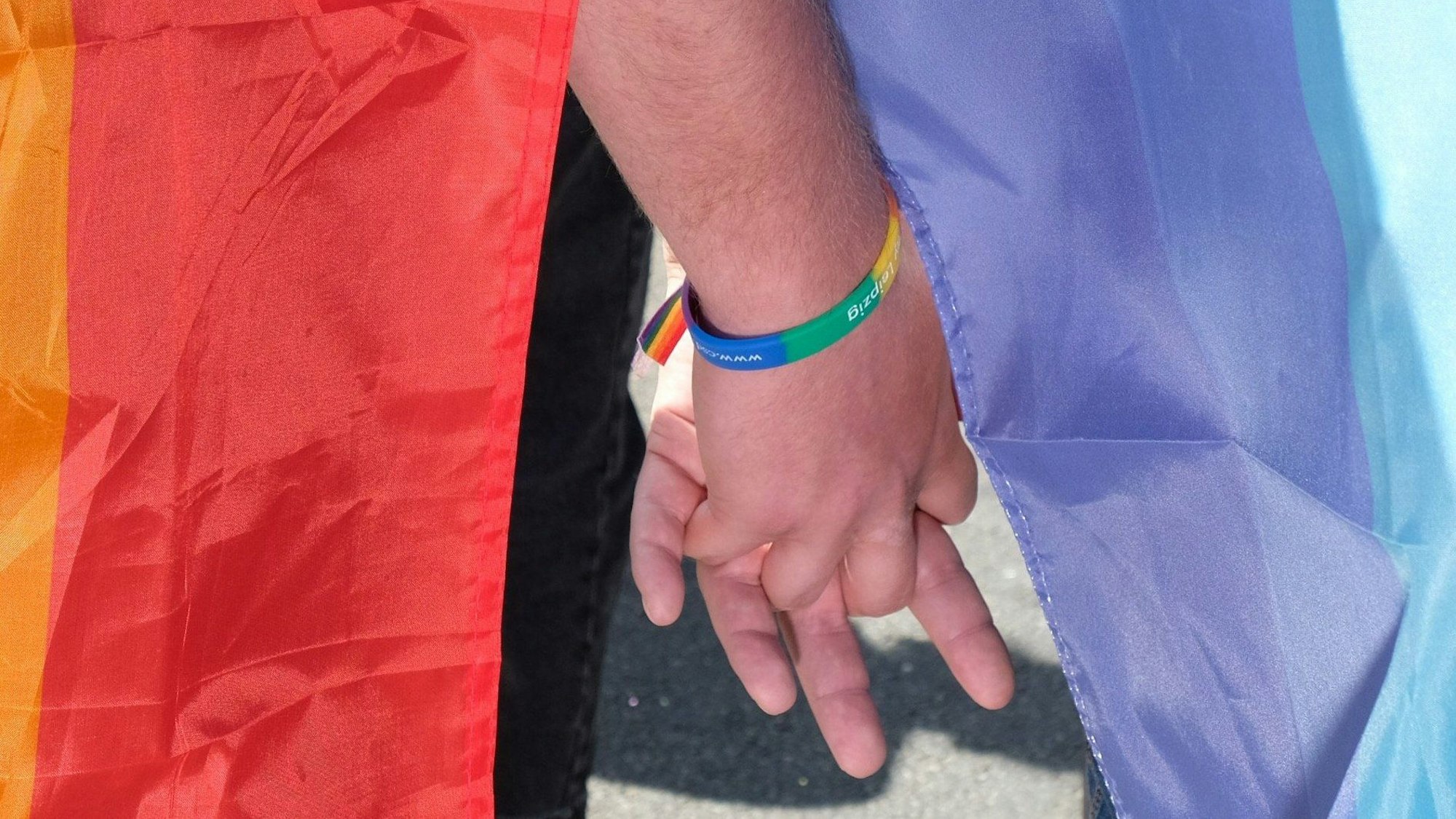 Das Symbolfoto zeigt zwei Teilnehmende der Demonstration zum Christopher-Street-Day (CSD). Sie tragen Fahnen und Armbänder in Regenbogenfarben und halten sich an den Händen.