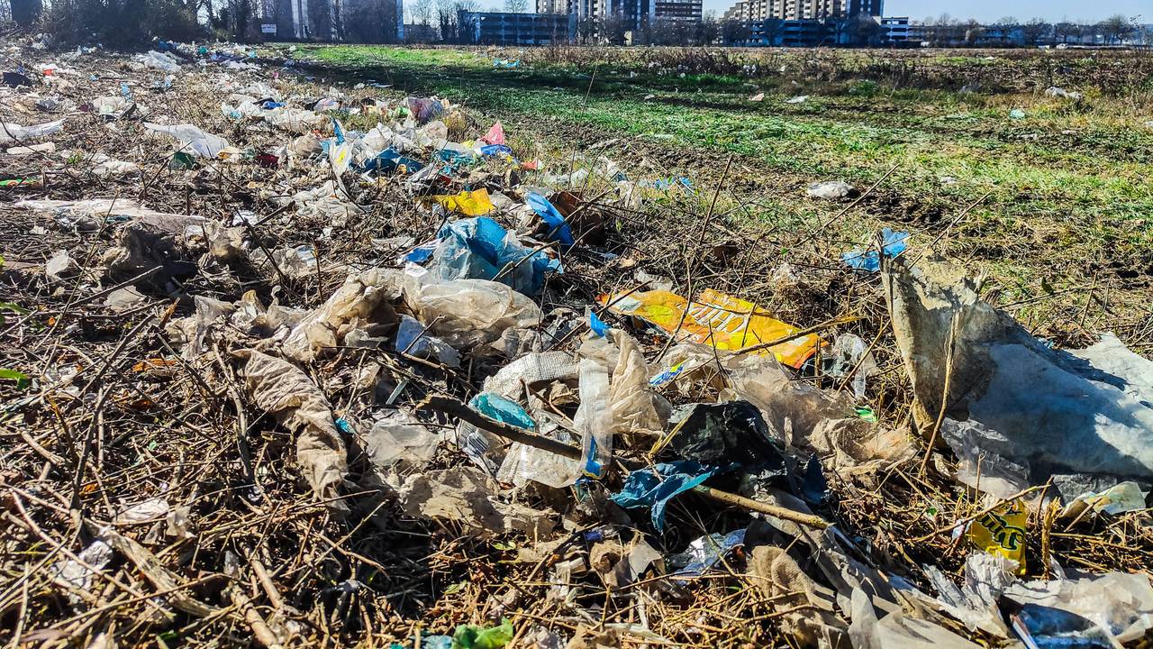 Auf einem Feld in Meschenich ist viel Plastik verteilt.