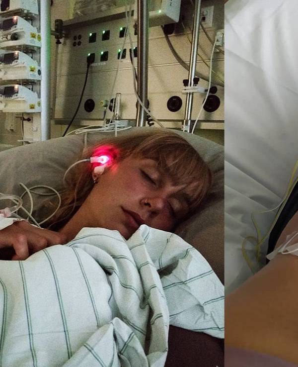 Elena (26) liegt im Krankenbett – sie leidet seit fünf Jahren an CRPS. Das rechte Foto zeigt ihr erkranktes linkes Bein.