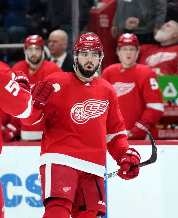 Detroit Red Wings-Verteidiger Jake Walman (r) feiert sein Tor mit Moritz Seider (53).