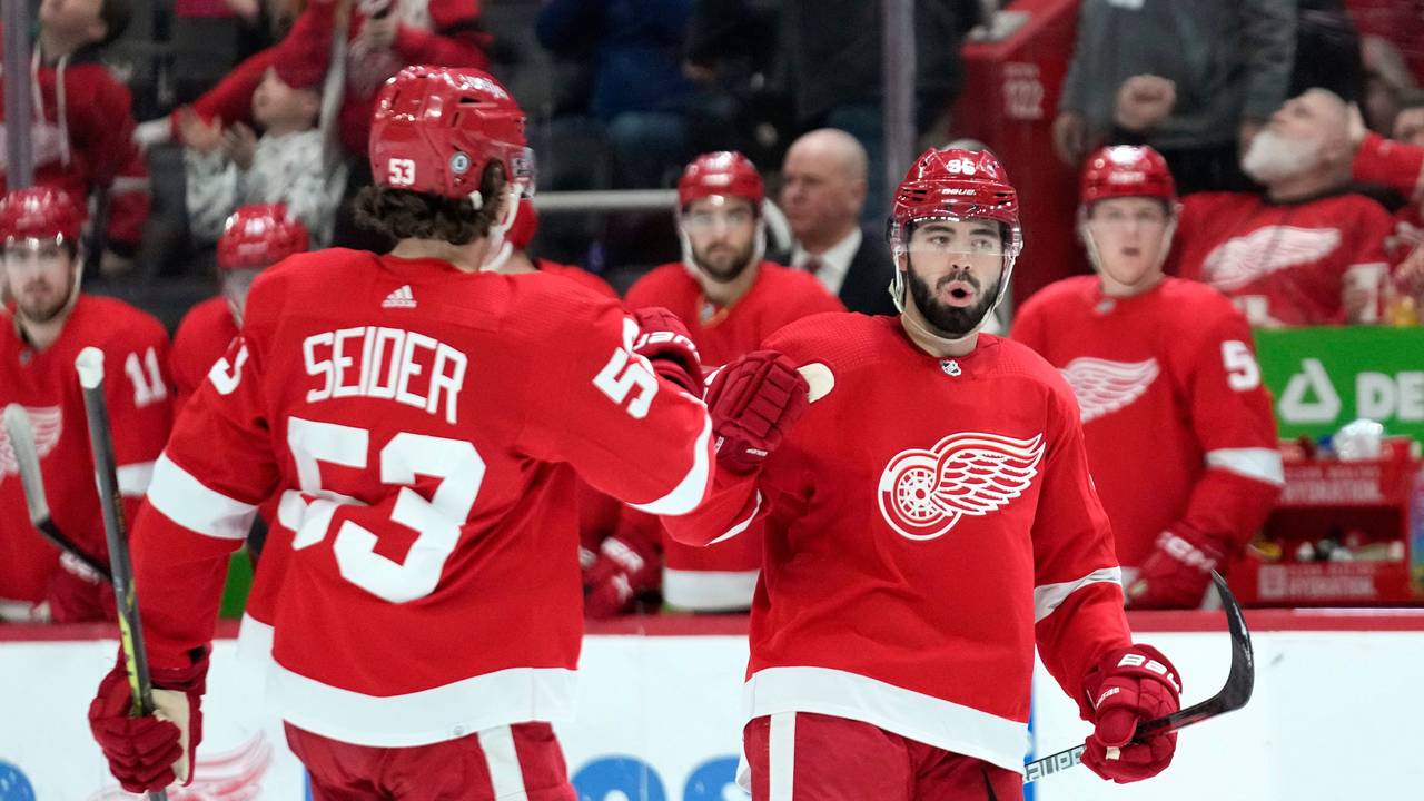 Detroit Red Wings-Verteidiger Jake Walman (r) feiert sein Tor mit Moritz Seider (53).
