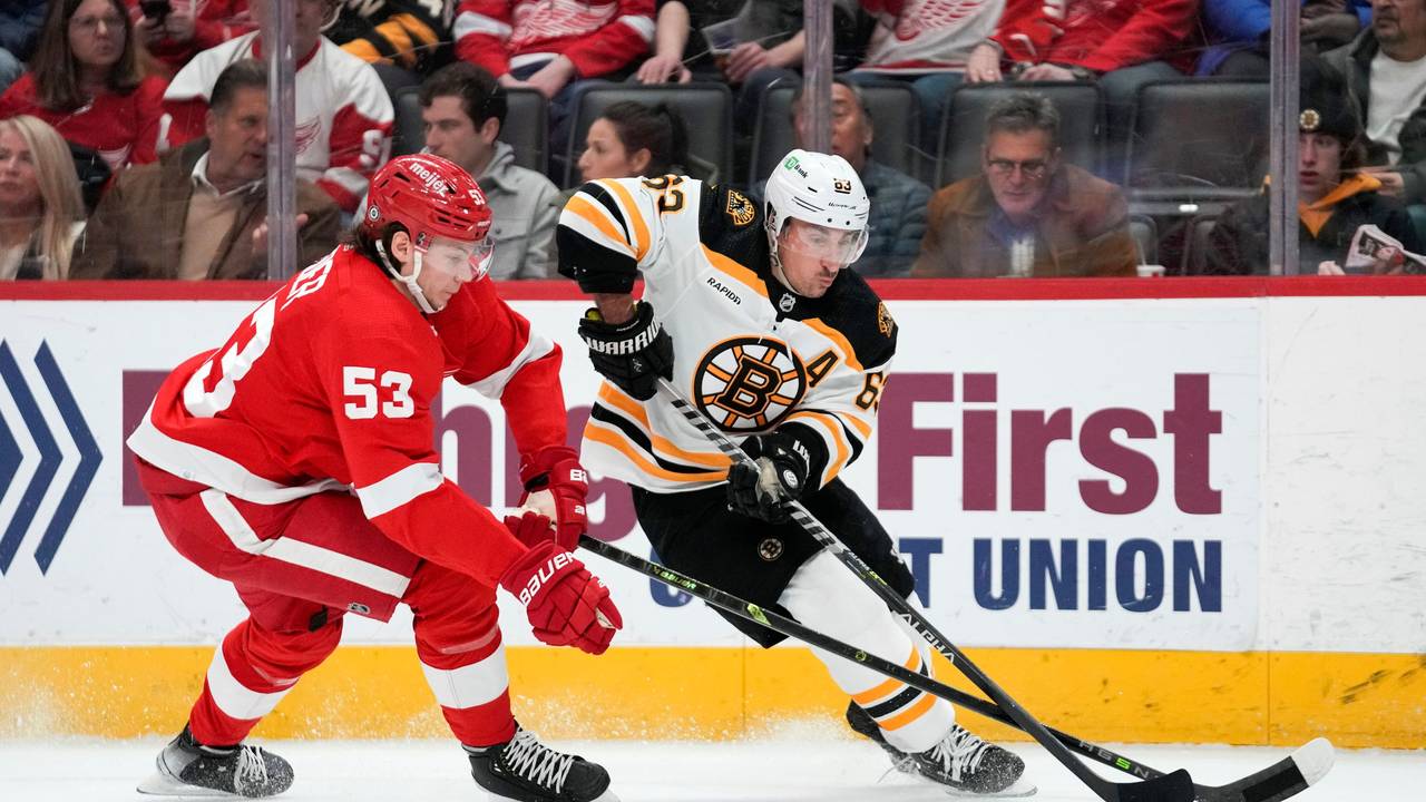Moritz Seider im Spiel seiner Detroit Red Wings gegen die Boston Bruins im Zweikampf.