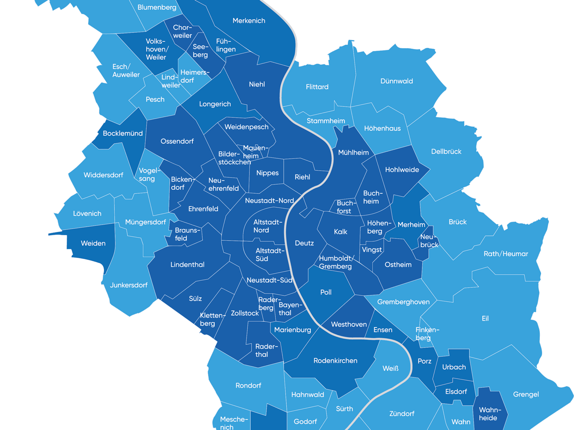 Eine Kölner Stadtkarte mit blauen Bereichen, die den Ausbau des Glasfasernetzes zeigen.