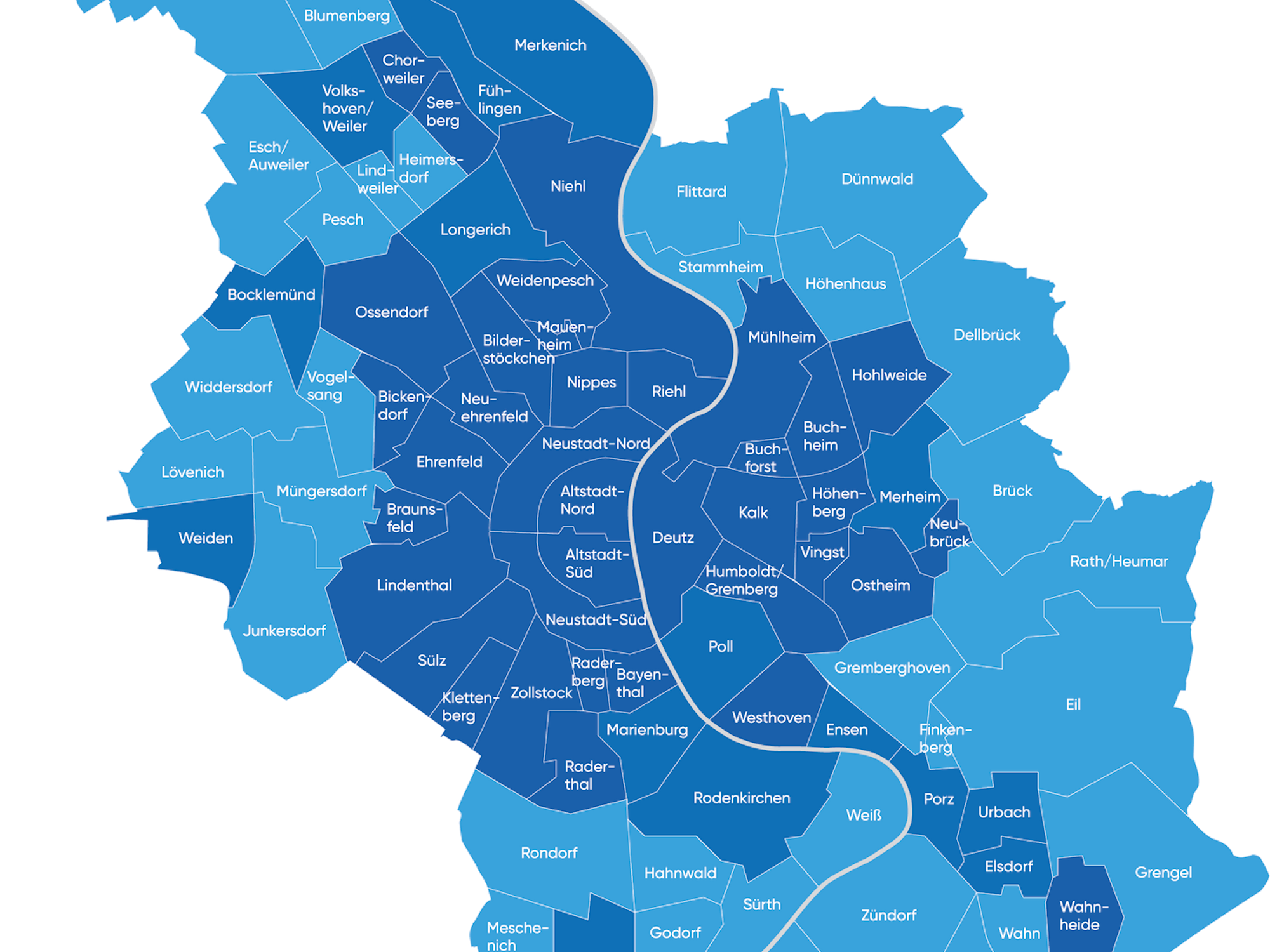Eine Kölner Stadtkarte mit blauen Bereichen, die den Ausbau des Glasfasernetzes zeigen.