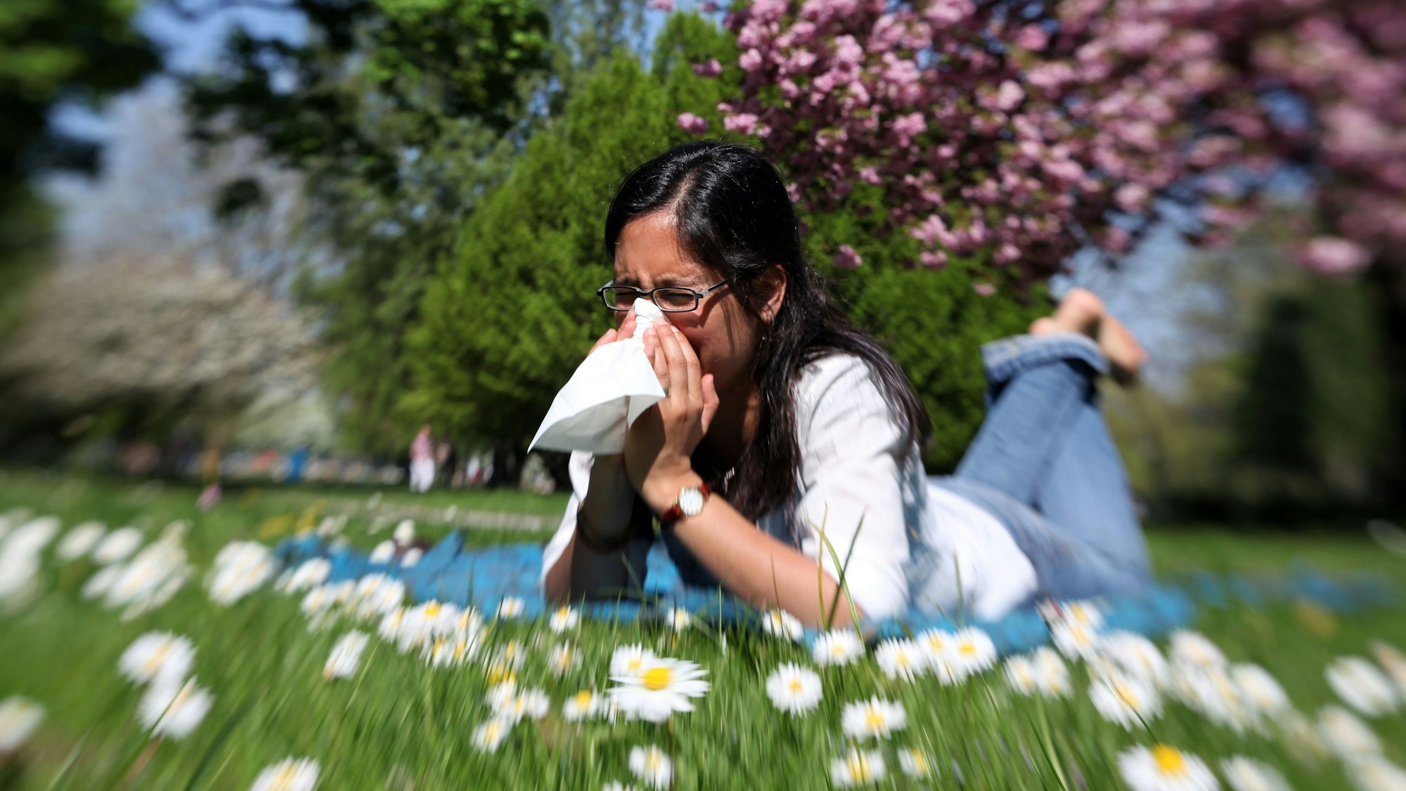 Eine junge Frau liegt am auf einer Wiese in Hamburg und niest in ein Papiertaschentuch.