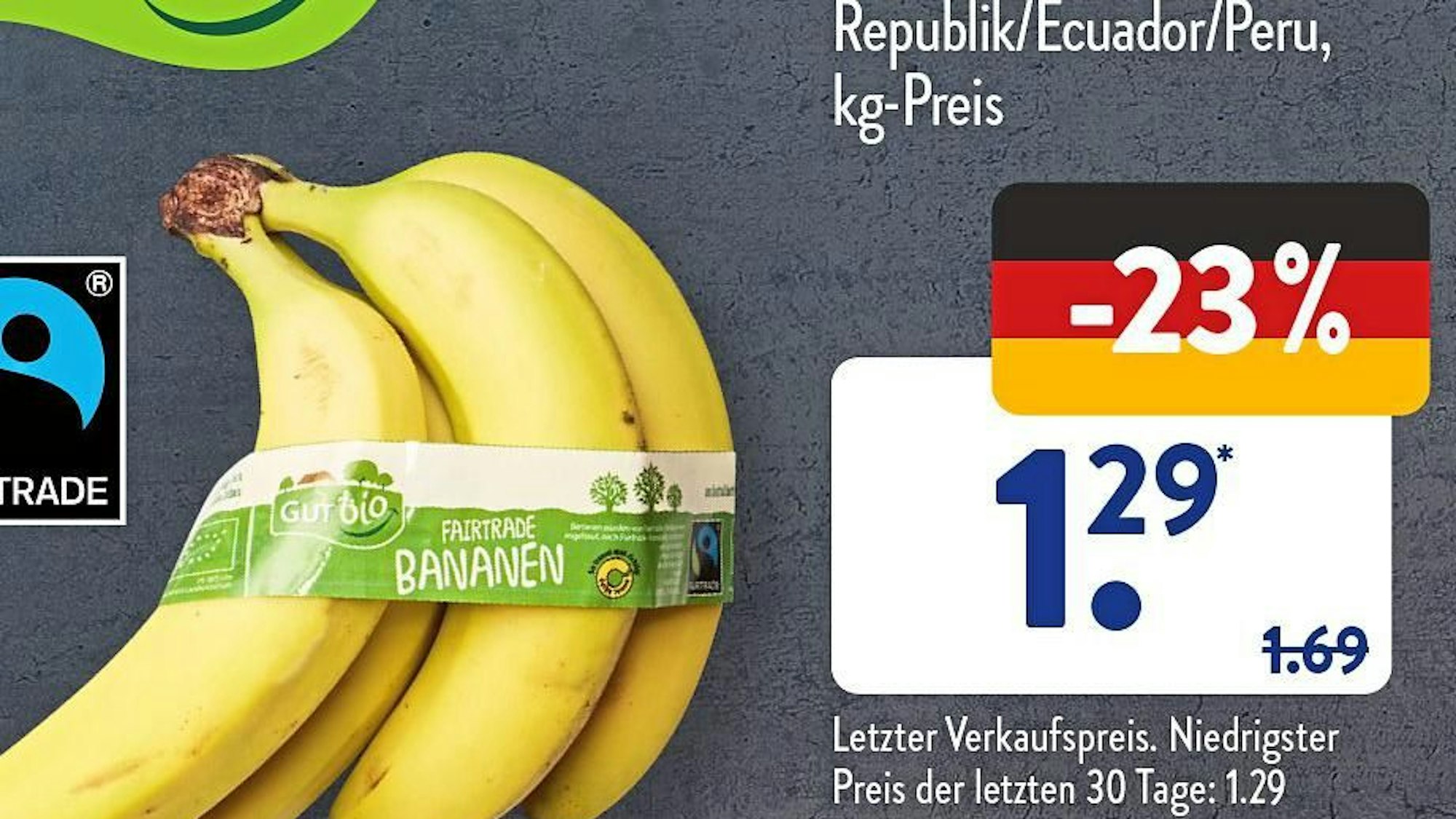 Aldi wirbt im Prospekt mit hohem Rabatt für Bananen. Die Verbraucherzentrale hat dagegen Klage eingereicht.