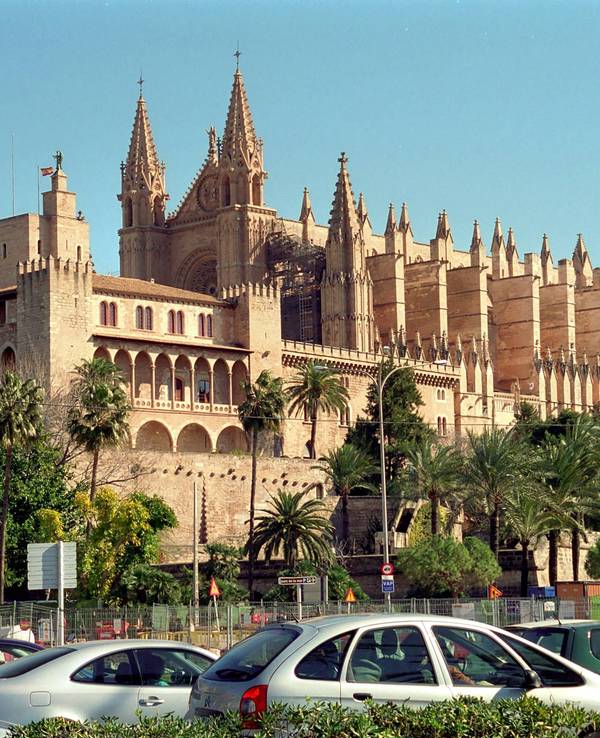 Autos stehen in Palma de Mallorca auf der Straße. Im Hintergrund: die Kathedrale La Seu.