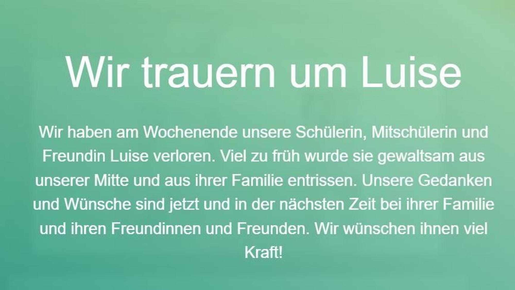 Auf der Homepage der Schule, die Luise besuchte, erscheint ihre Traueranzeige.