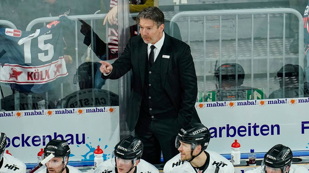 SAP-Arena in Mannheim: Kölns Trainer Uwe Krupp gestikuliert hinter der Bande.