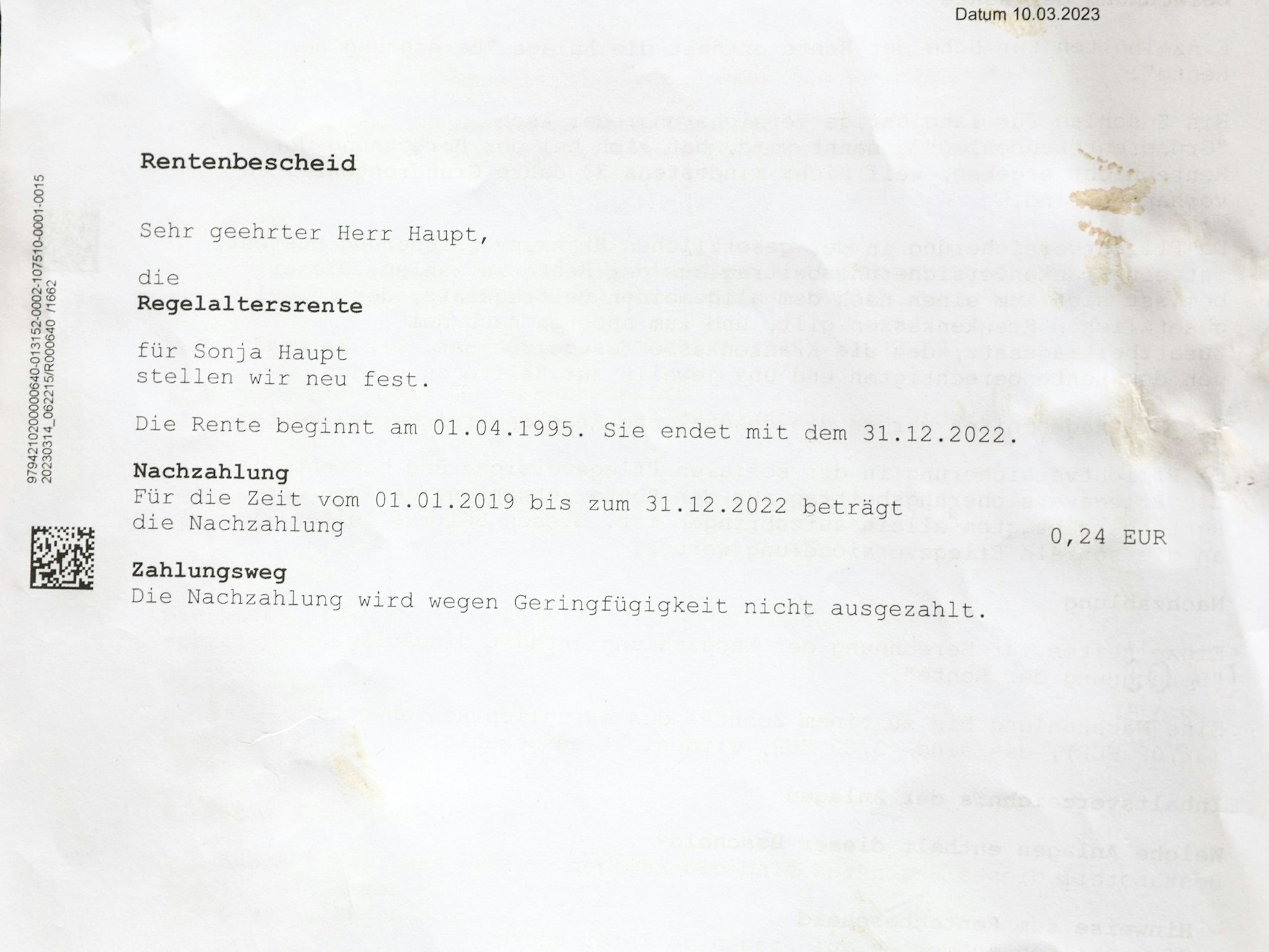 Auszug aus einem Brief mit dem Hinweis einer Nachzahlung.