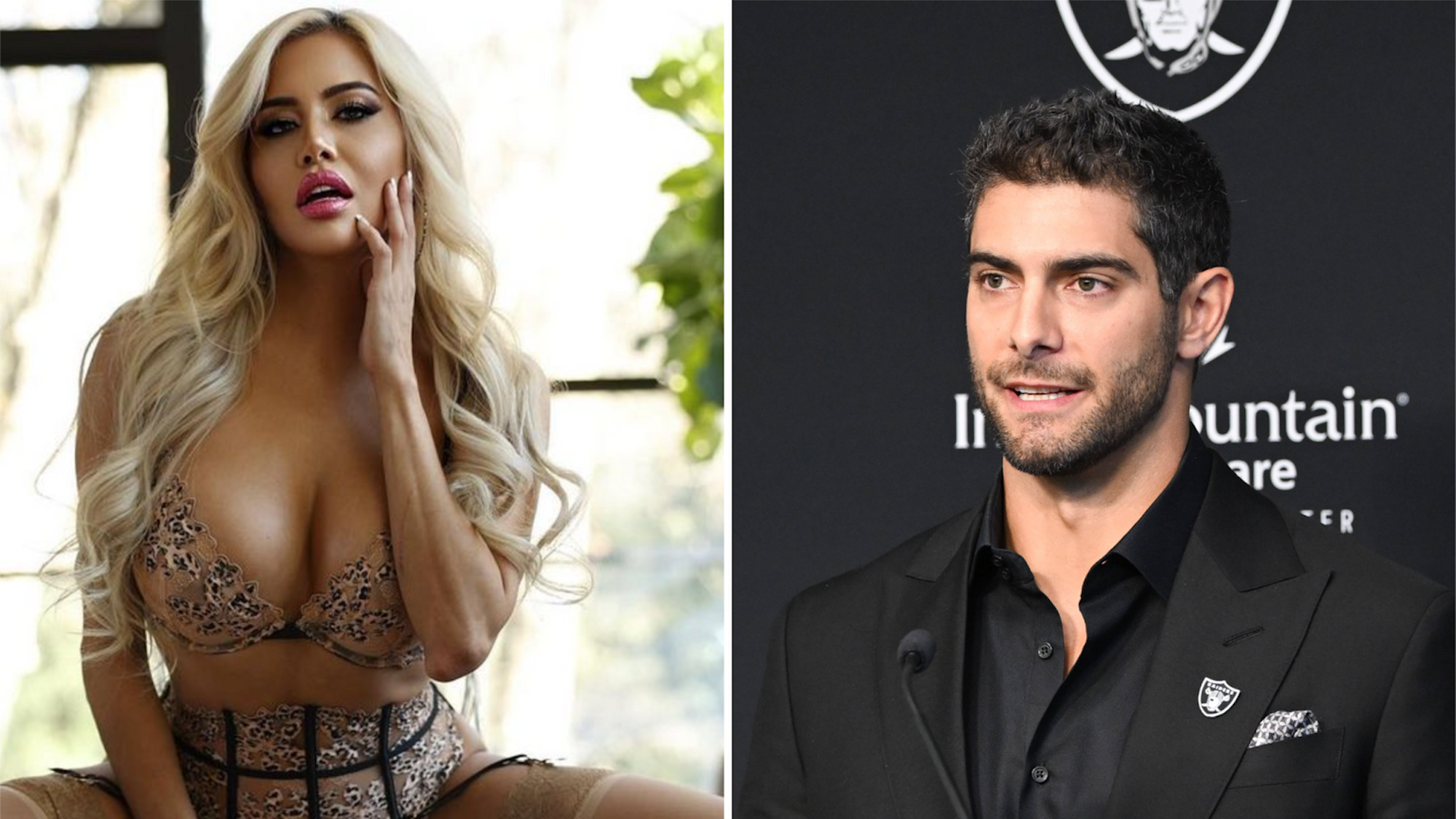 Collage von Caitlin Bell (l.) und Jimmy Garoppolo.