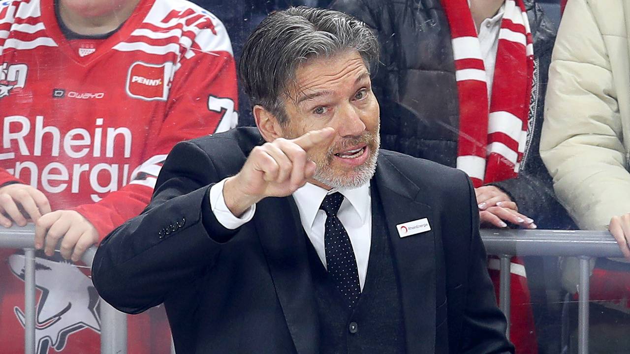 Playoffs zwischen Kölner Haien und Adler Mannheim: Trainer Uwe Krupp, Headcoach der Kölner Haie gestikuliert auf der Spielerbank