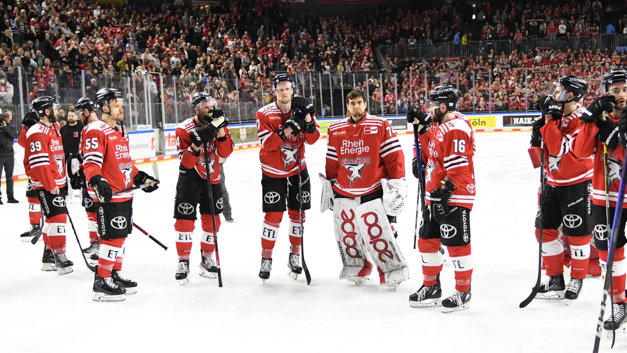 Enttäuschter KEC: Die Haie stehen traurig auf dem Eis nach dem Aus gegen Mannheim.