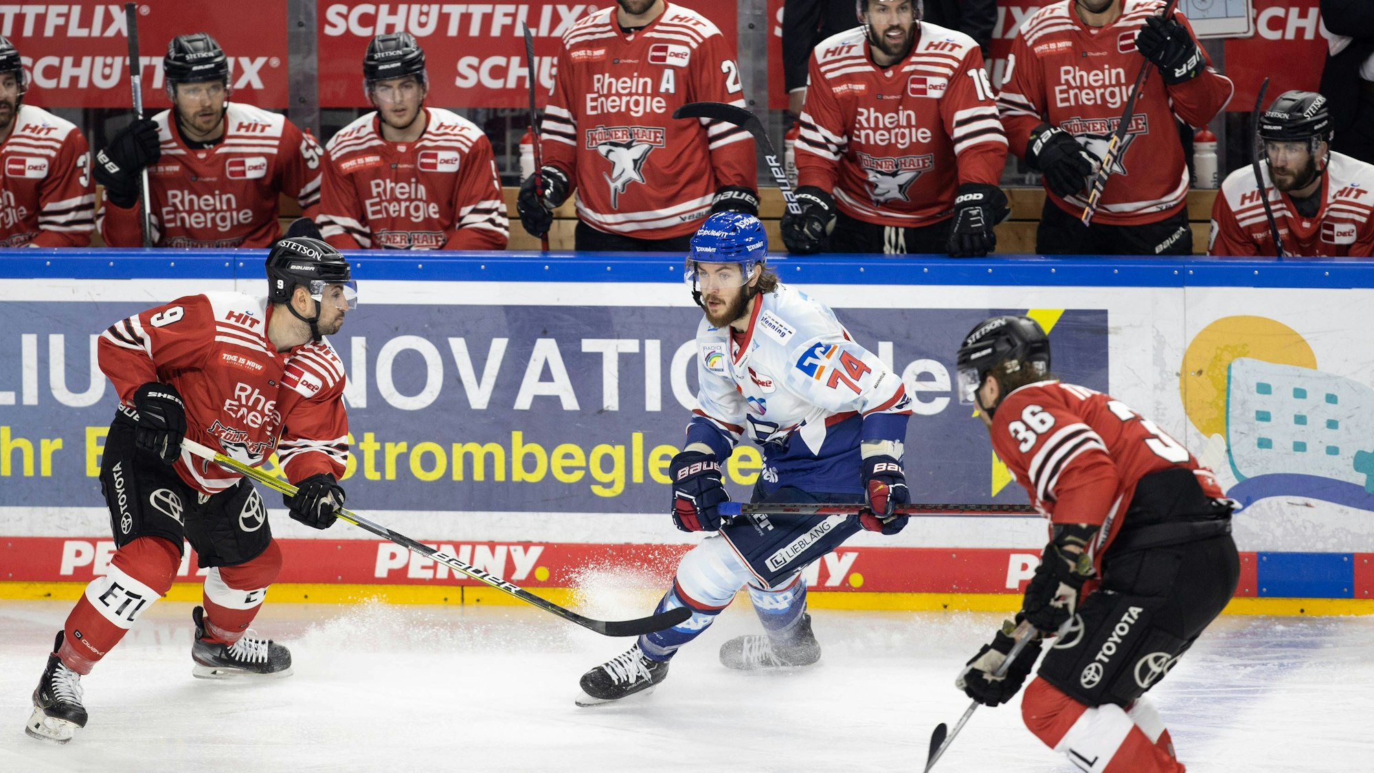 Spielszene aus dem Duell der DEL-Playoffs zwischen Kölner Haien und Adler Mannheim.