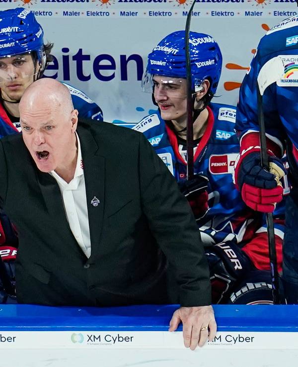 Eishockey-Playoffs: Mannheims Trainer Bill Stewart (Mitte) gestikuliert in der SAP-Arena.