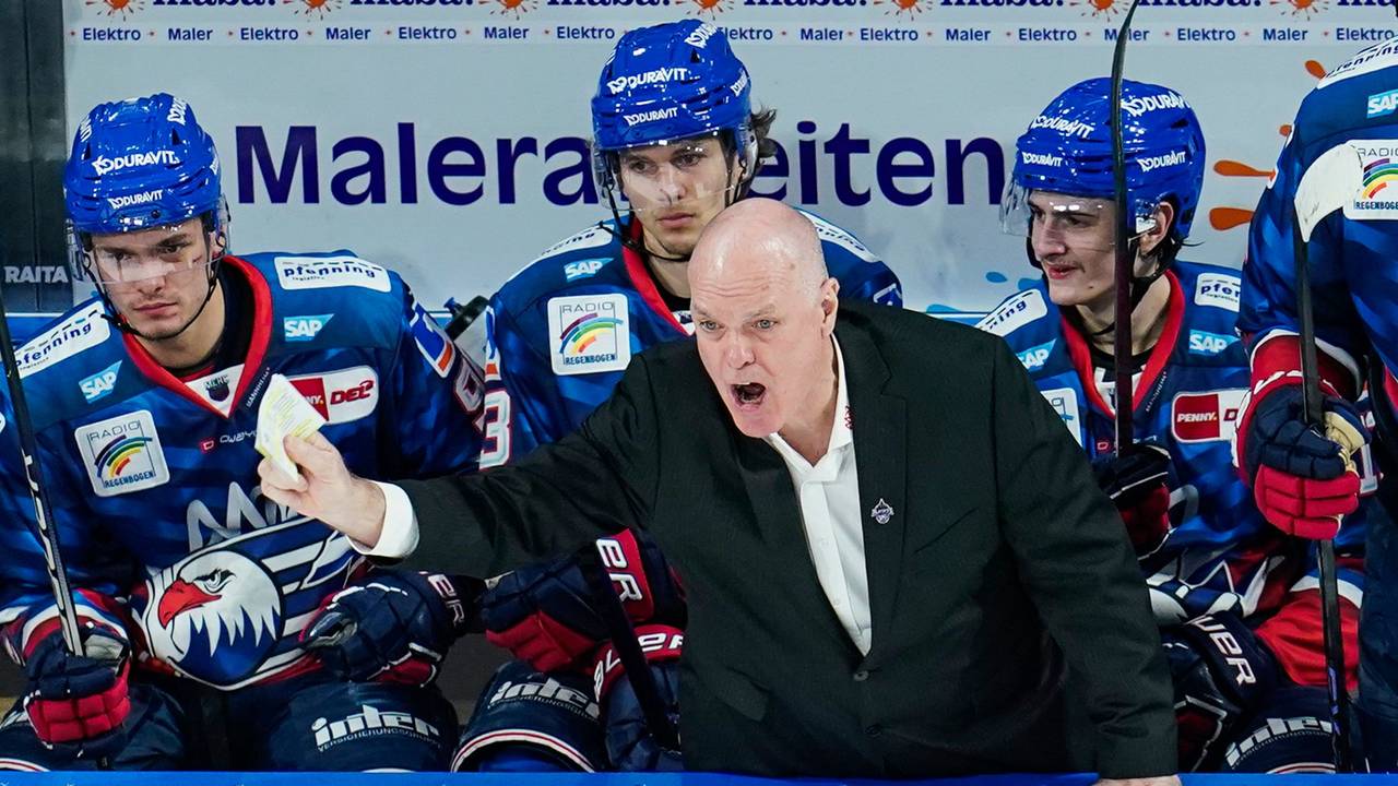Eishockey-Playoffs: Mannheims Trainer Bill Stewart (Mitte) gestikuliert in der SAP-Arena.