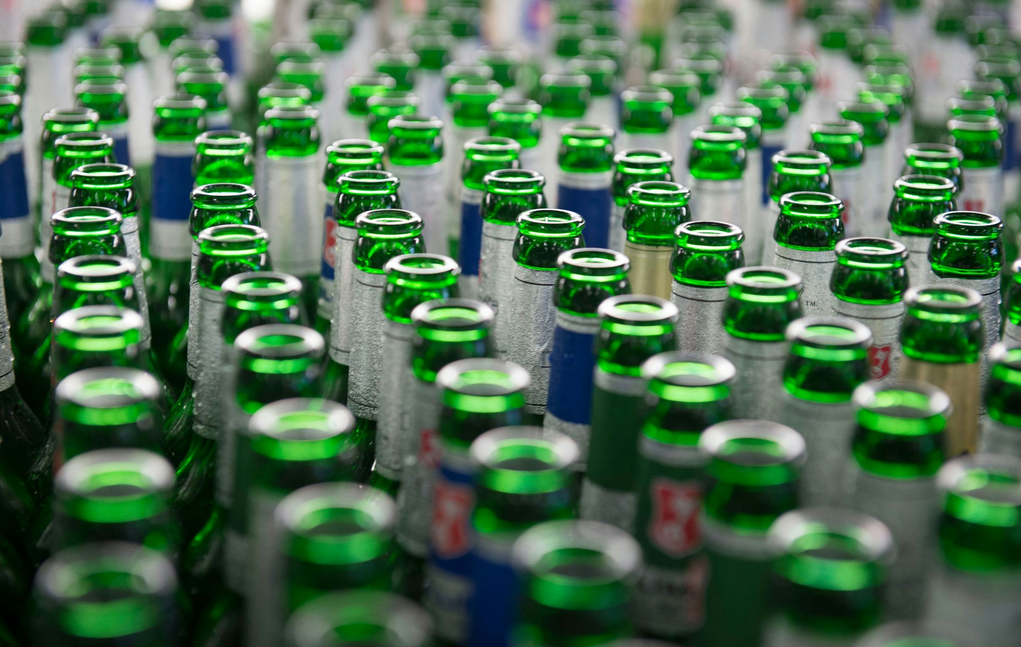 Beck's Bier Flaschen laufen in der Brauerei zum Reinigen über das Band. Symbolfoto vom 28. Mai 2013.