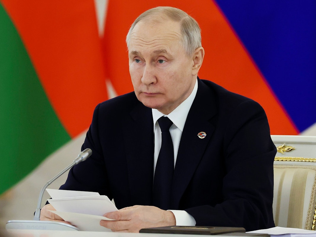 Zu sehen ist Putin auf dem Treffen des Obersten Staatsrates des Unionsstaates Russland-Belarus.