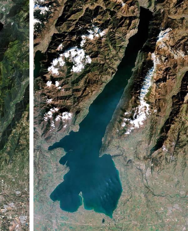 Das Satellitenbild zeigt den Gardasee in Italien im Juni 2022 (l) und im März 2023.