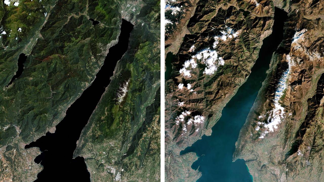 Das Satellitenbild zeigt den Gardasee in Italien im Juni 2022 (l) und im März 2023.
