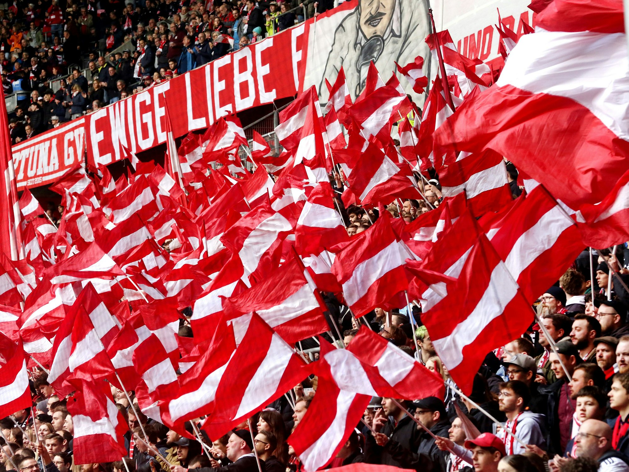 Fans von Fortuna Düsseldorf schwenken ihre Fahnen beim Spiel gegen Darmstadt.