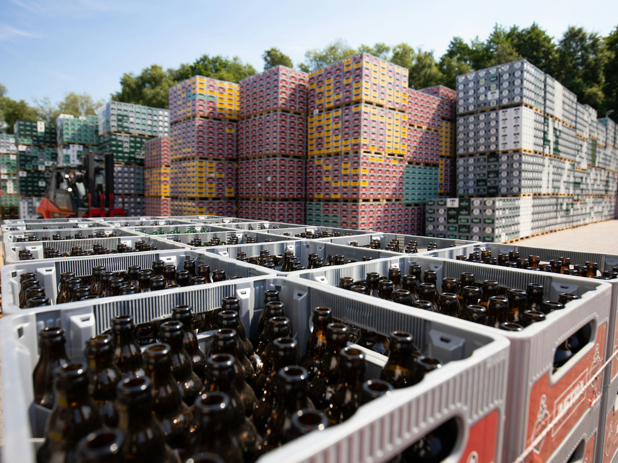 Kisten mit Leergut, hier im Juni 2020, sind in der Leergutsortierung auf dem Gelände der Produktionsstätte der Holsten-Brauerei im Hamburger Stadtteil Hausbruch gestapelt.