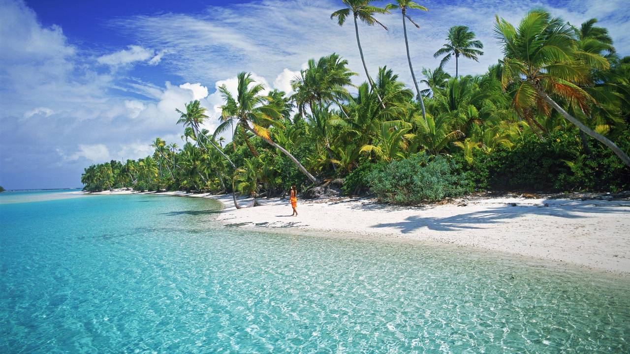 Hier zu sehen, eine Frau geht an einem Sandstrand spazieren. Links neben ihr befindet sich das türkise Meer, rechts befinden sich zahlreiche Palmen.
