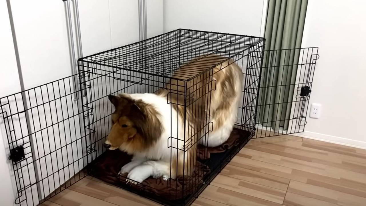 Der Japaner Toco sitzt in seinem Hundekostüm in einem Hundekäfig.