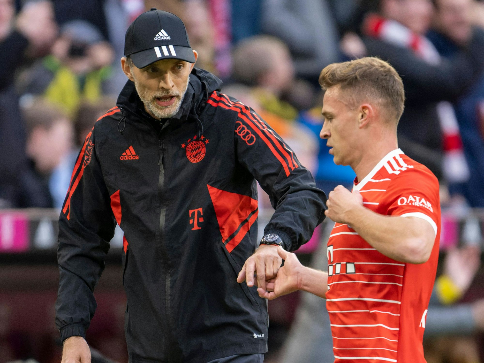Thomas Tuchel spricht mit Joshua Kimmich.