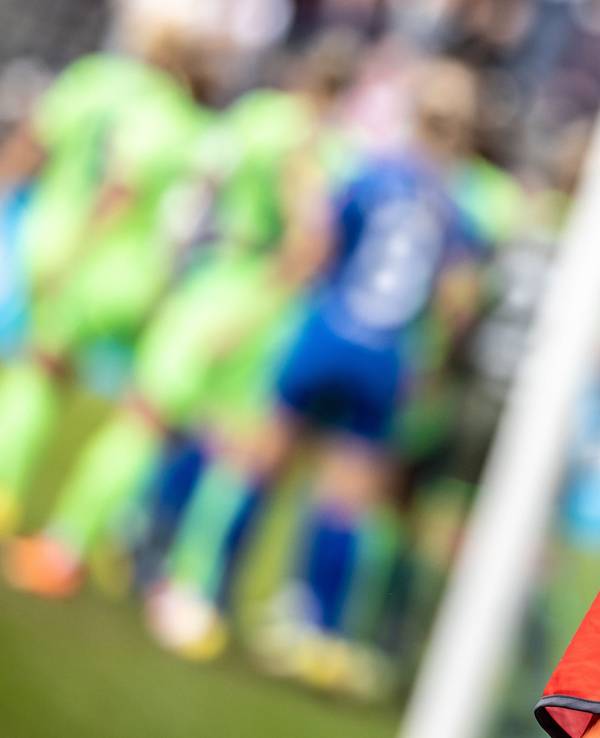 Das Logo der Frauen-Bundesliga ist bei einem Spiel der Bundesliga zu sehen.