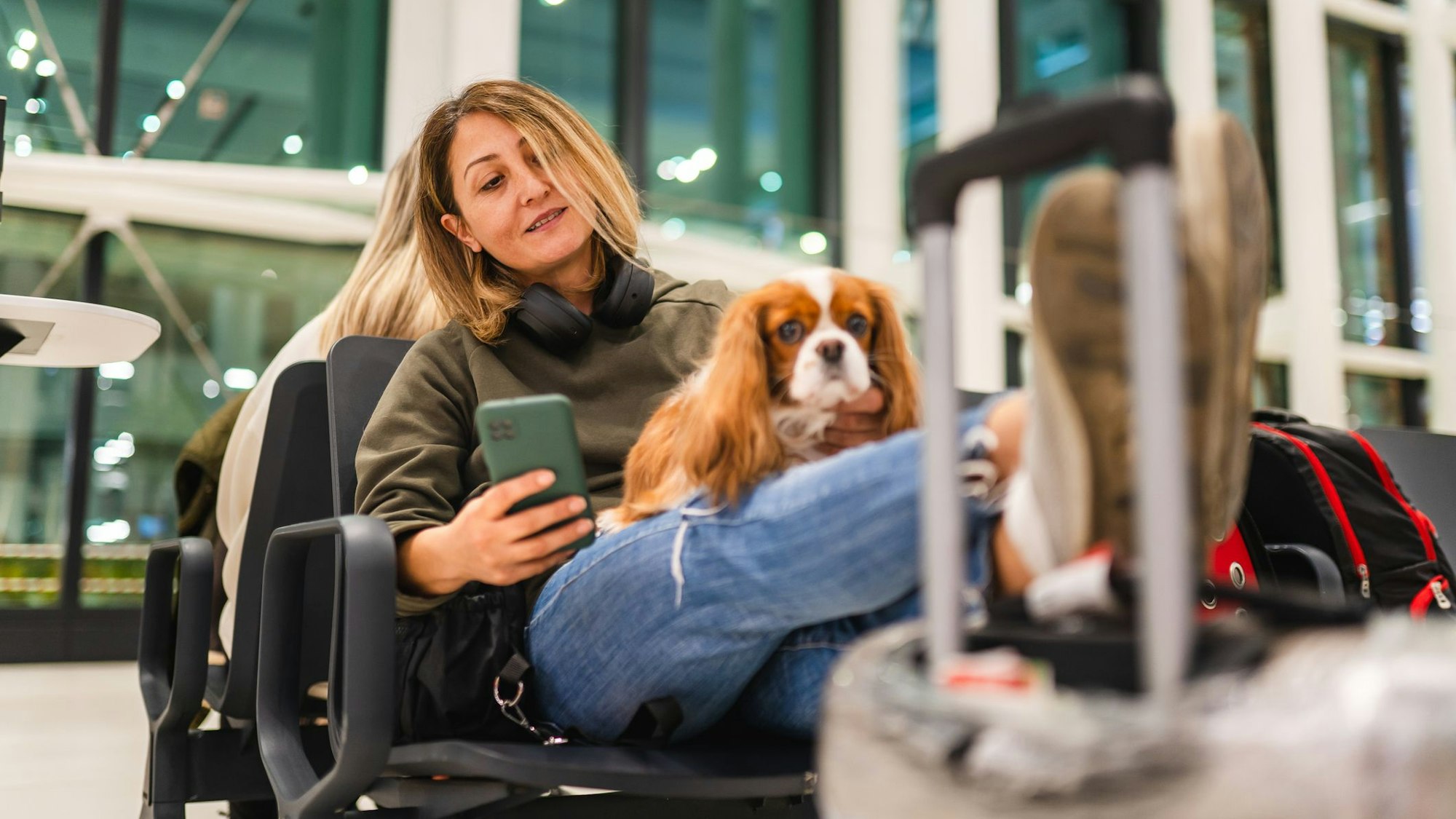 Eine Frau wartet am Flughafen mit ihrem Hund auf dem Schoß.