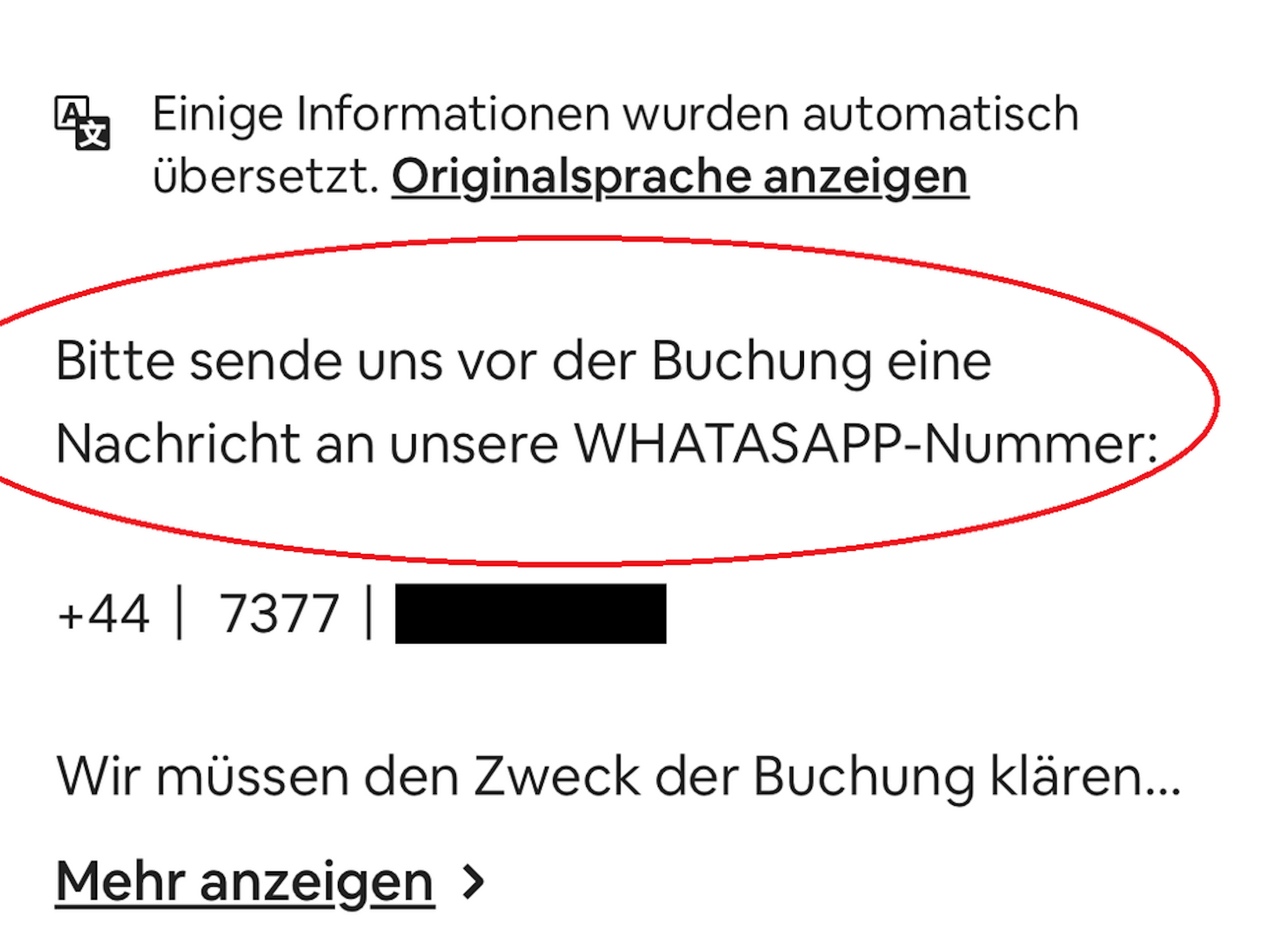 Ein Screenshot mit Text aus der App von Airbnb.