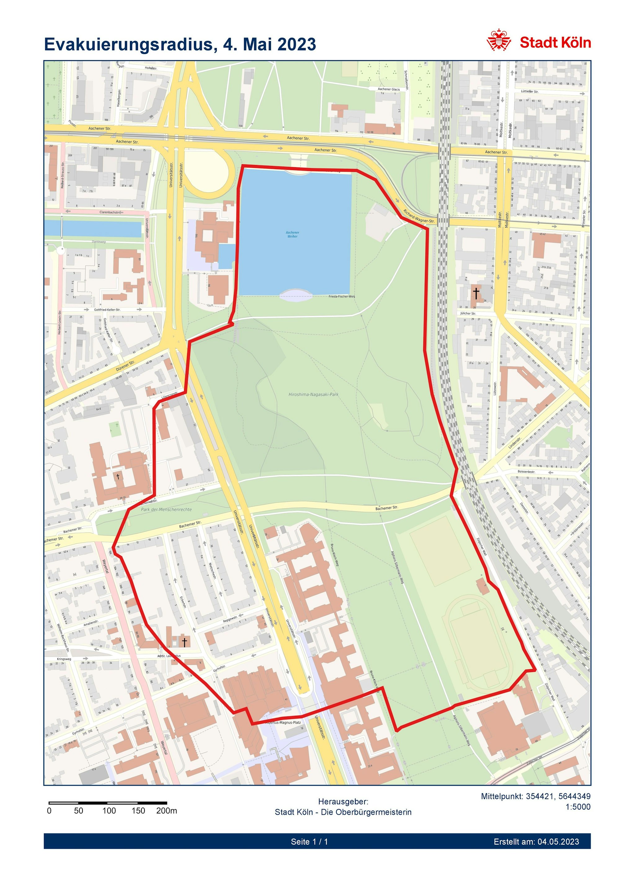 Radius der Evakuierung bei einem Bombenfund in Köln-Lindenthal.