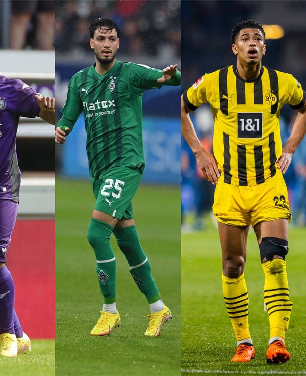 Julien Duranville (l.), Ramy Bensebaini (M.) und Jude Bellingham in Aktion.