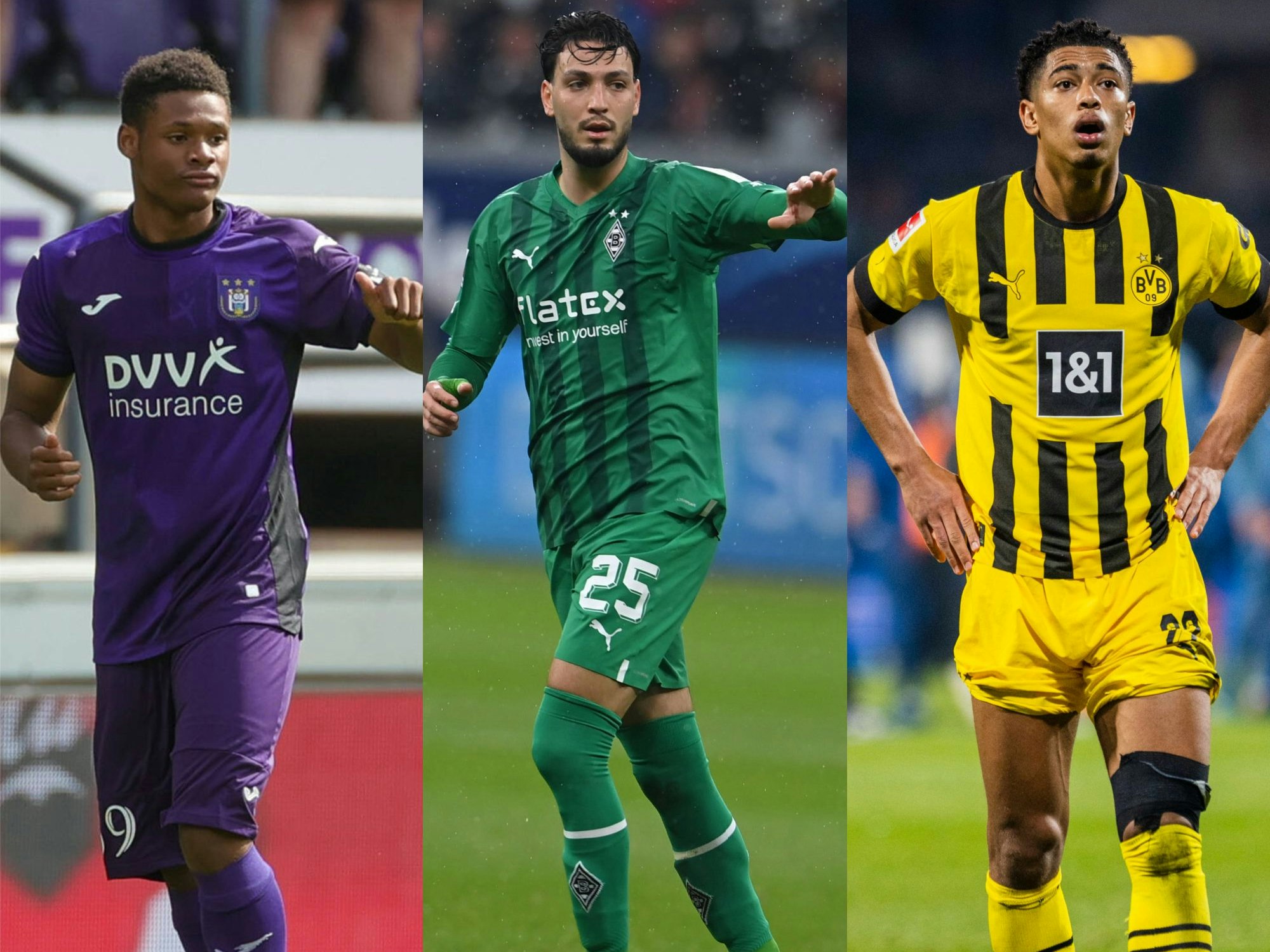 Julien Duranville (l.), Ramy Bensebaini (M.) und Jude Bellingham in Aktion.