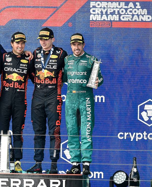 Das Sieger-Podium nach dem Großen Preis von Miami am Sonntag (7. Mai 2023).