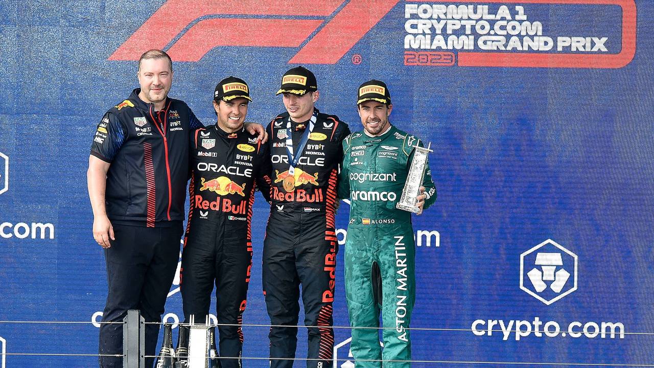 Das Sieger-Podium nach dem Großen Preis von Miami am Sonntag (7. Mai 2023).