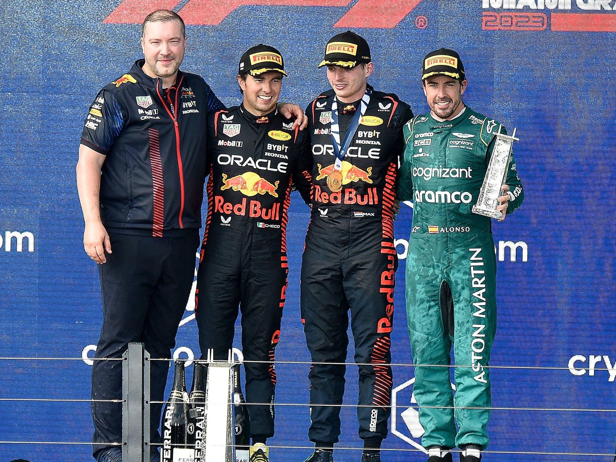 Das Sieger-Podium nach dem Großen Preis von Miami am Sonntag (7. Mai 2023).