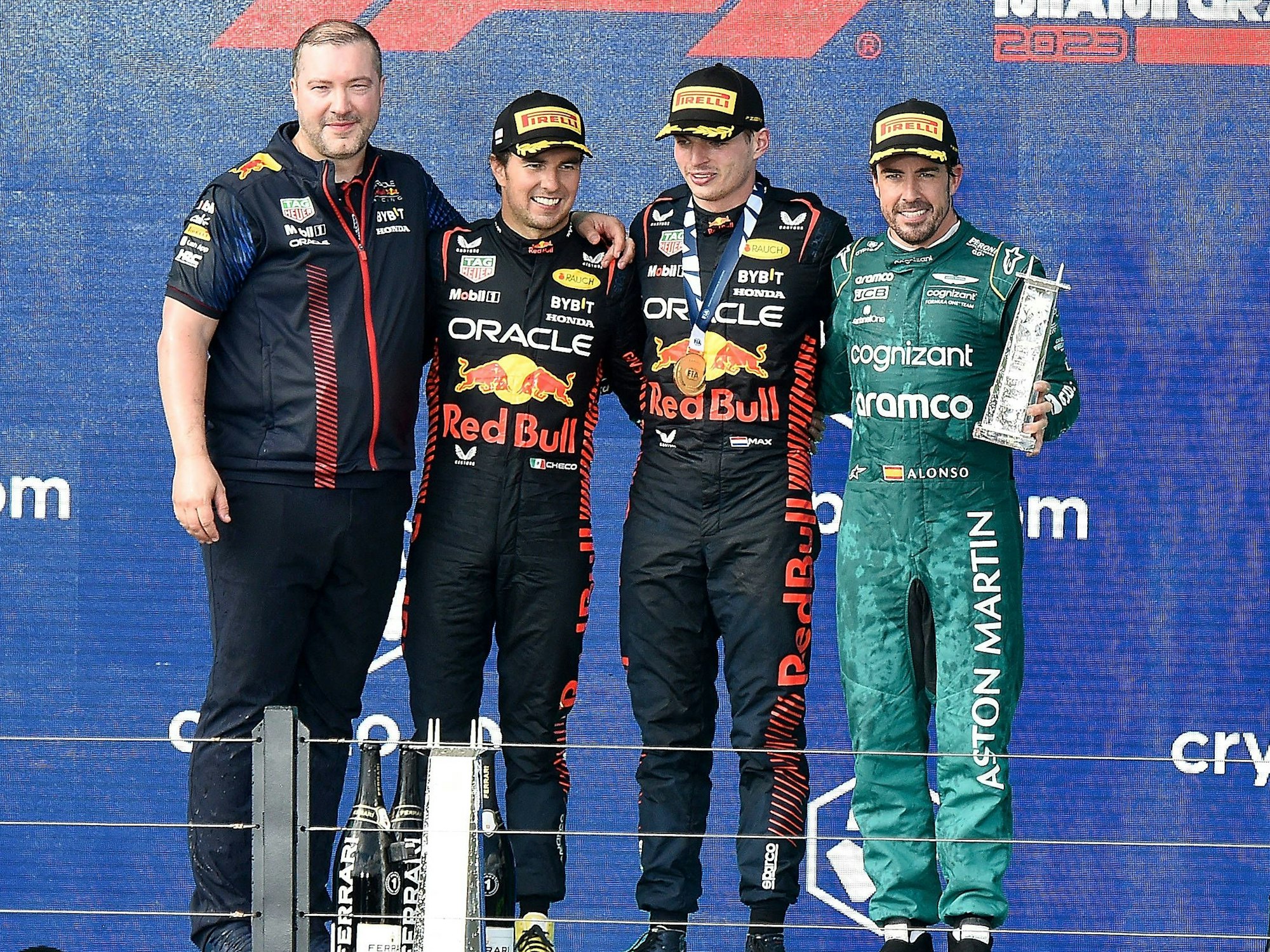 Das Sieger-Podium nach dem Großen Preis von Miami am Sonntag (7. Mai 2023).