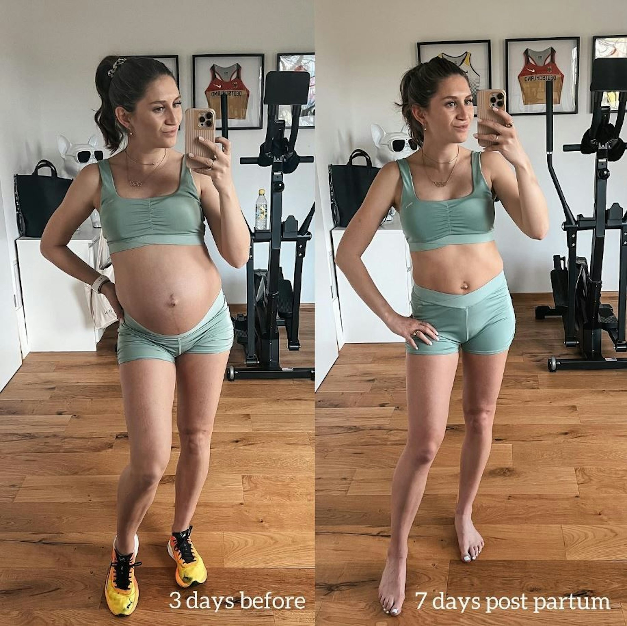 Gesa Krause zeigt zwei Selfies. Eines drei Tage vor der Geburt, eines 7 Tage danach.