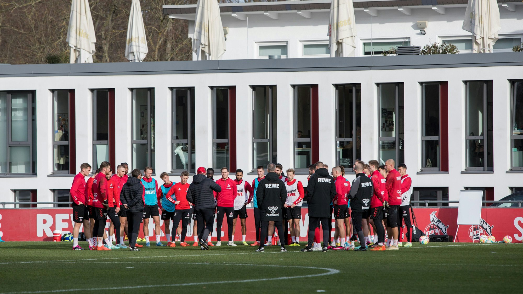 Spieler des 1. FC Köln stehen mit Trainerteam auf dem Trainingsplatz am Geißbockheim.