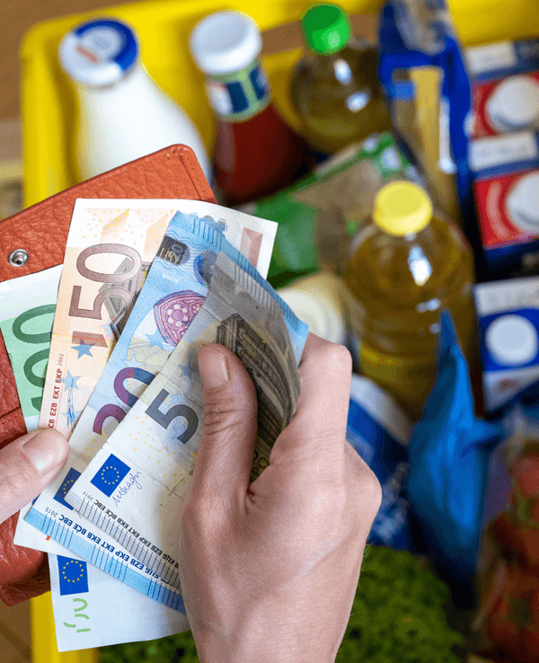 Eine Einkaufskiste mit Lebensmitteln steht auf einem Küchentisch in Leipzig, während eine Frau Euro-Banknoten in den Händen hält.