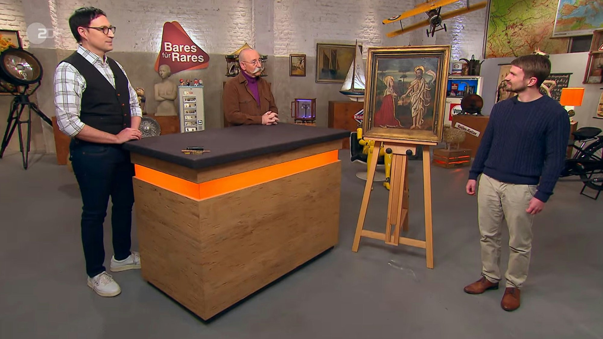 „Bares für Rares“ (16. Mai 2023): Experte Colmar Schulte-Goltz, Moderator Horst Lichter und Verkäufer Benjamin Schmidt.