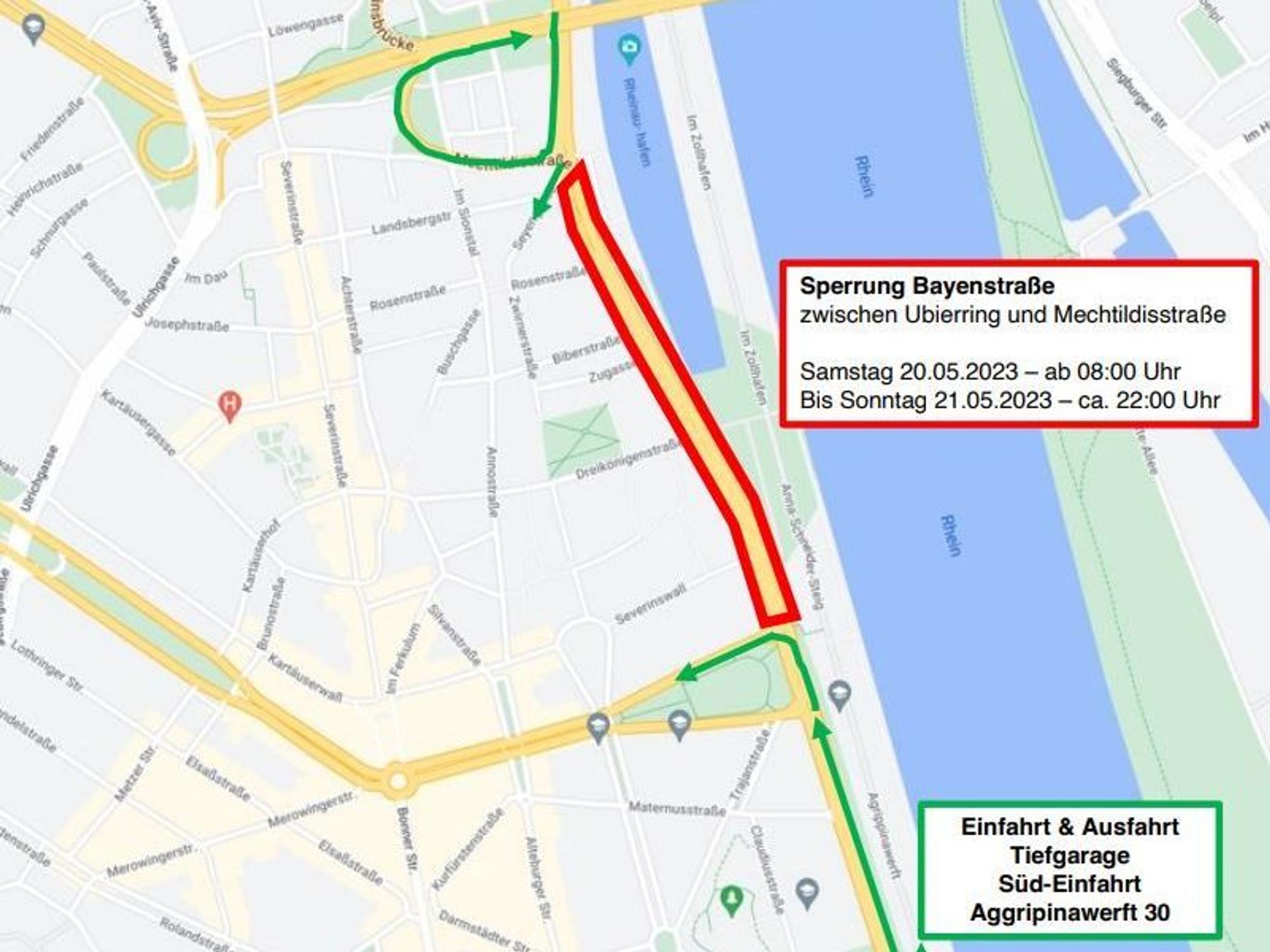 Rund um Köln 2023: Am Rheinauhafen wird die Bayenstraße zwischen Ubierring und Mechtildisstraße von Samstag, 8 Uhr bis Sonntag, 22 Uhr gesperrt sein.