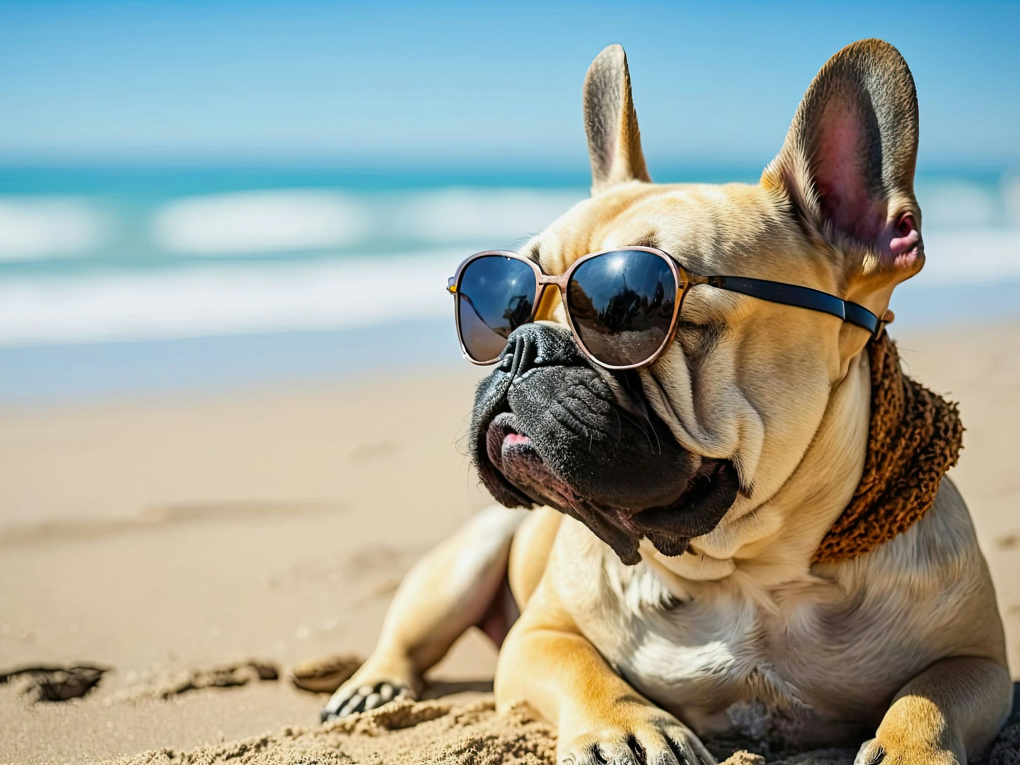 Eine französische Bulldogge mit Sonnenbrille sitz an einem Strand.
