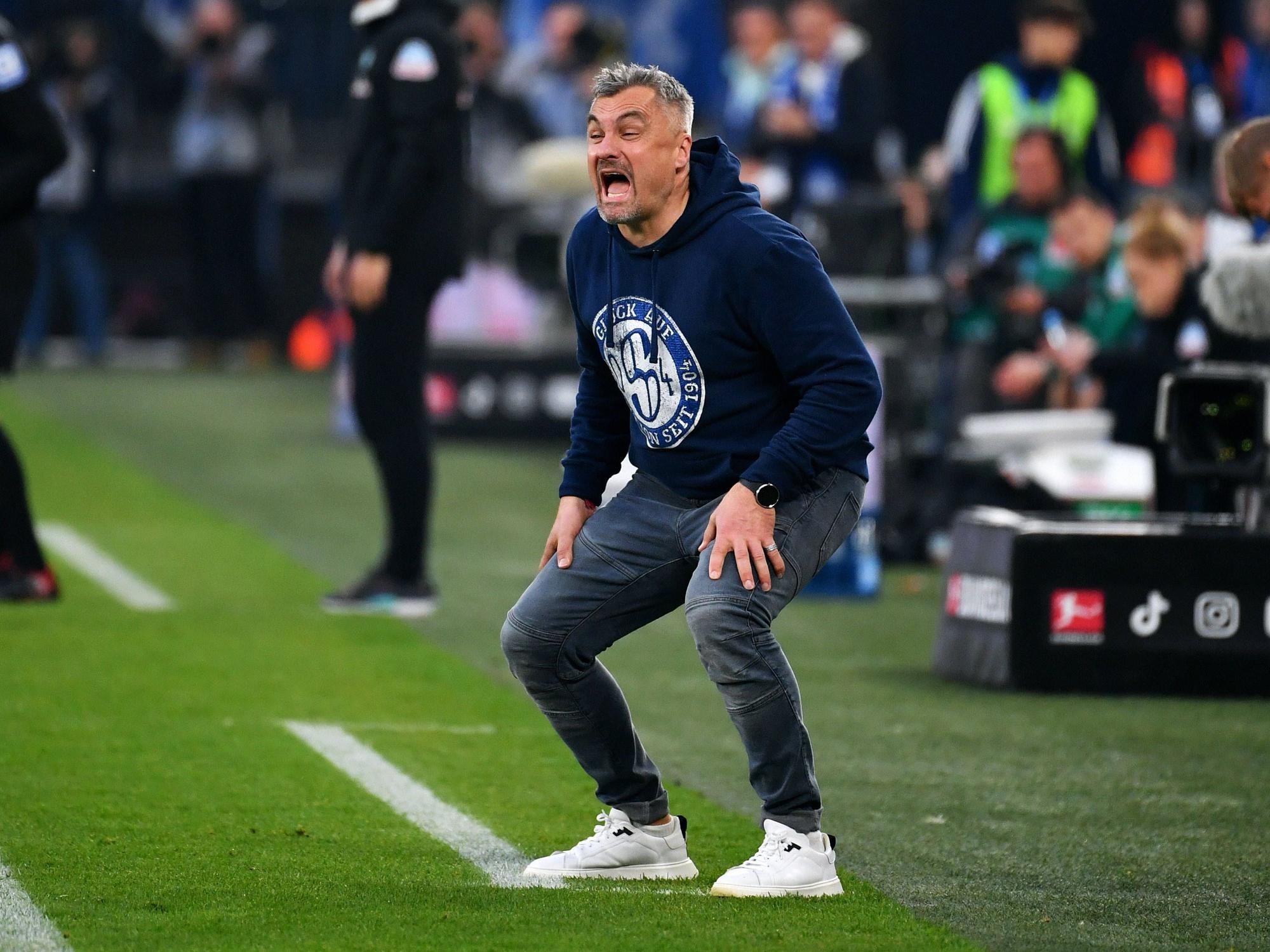 Thomas Reis gestikuliert als Trainer des FC Schalke 04 an der Seitenlinie.