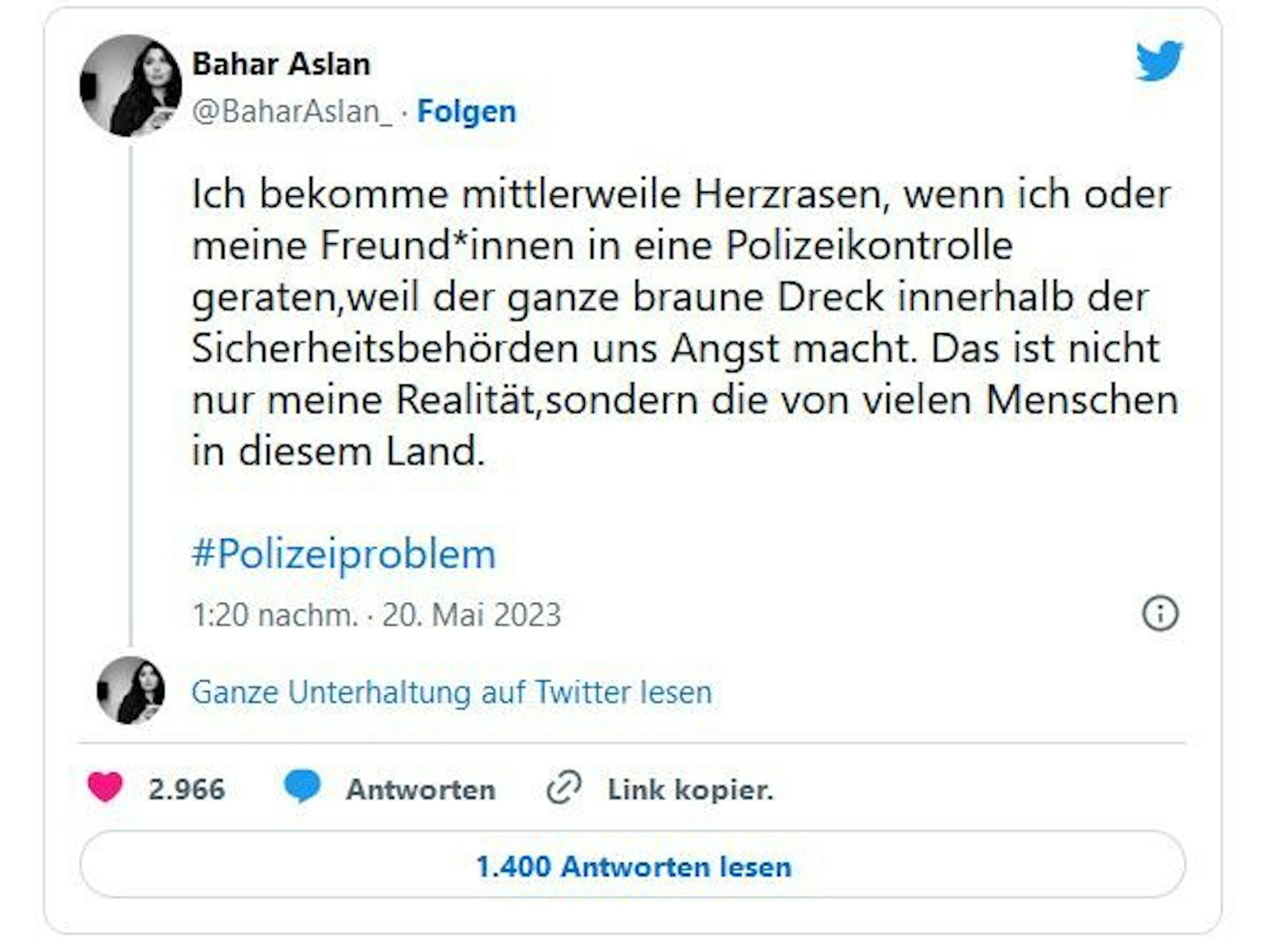Ein Screenshot des Tweets von Bahar Aslan bei Twitter.