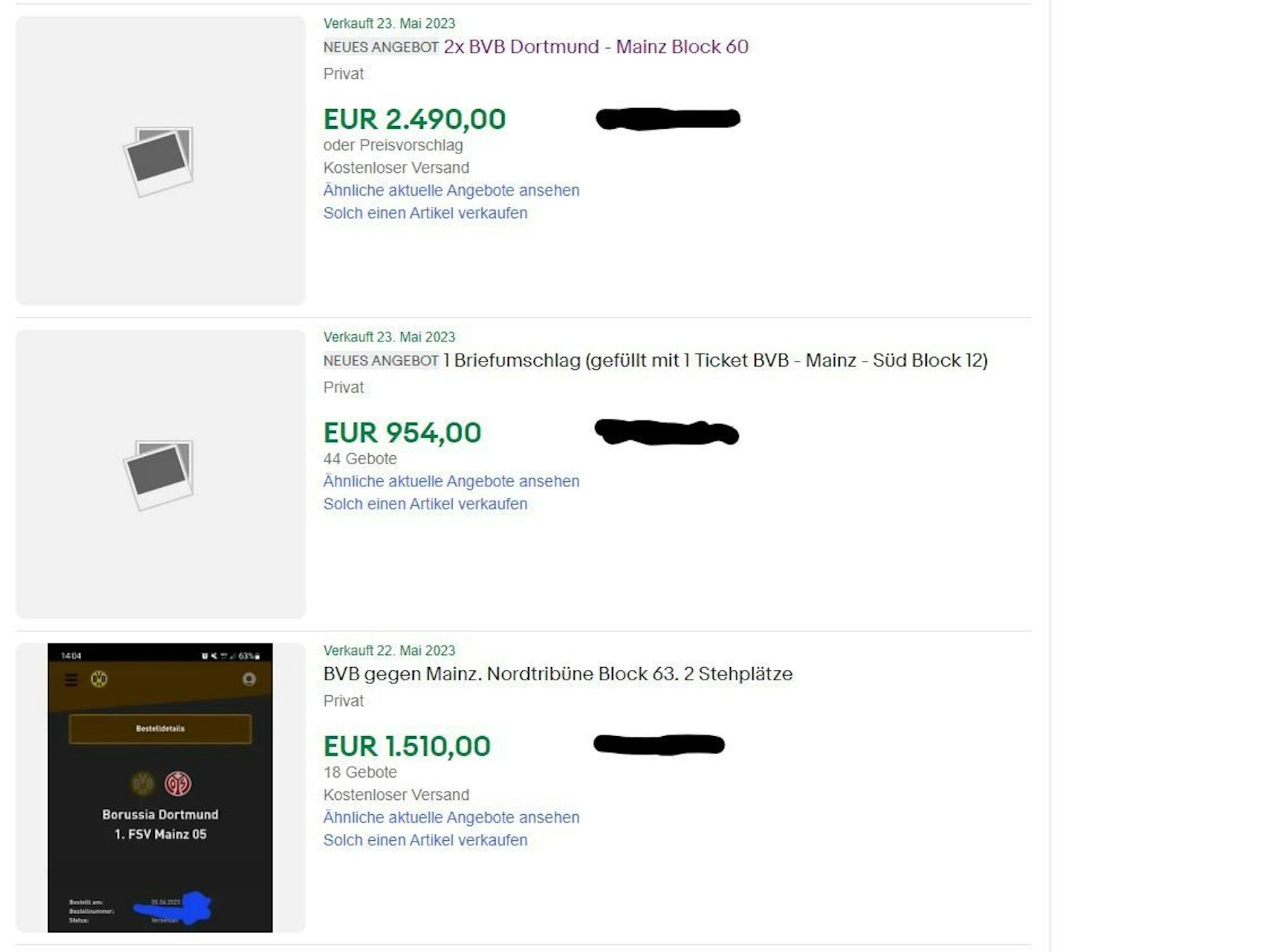 Ein Screenshot von verkauften BVB-Tickets auf Ebay.de.